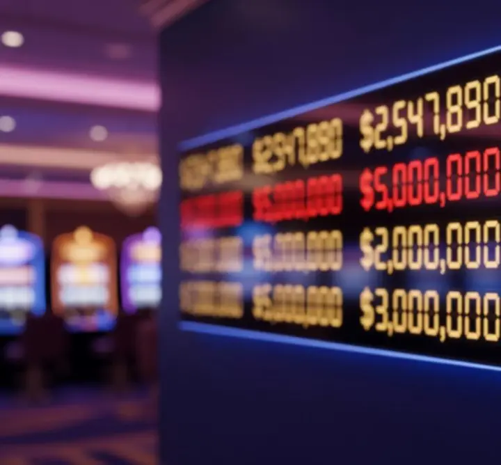 Massive digital jackpot displays with gold and red LED readouts