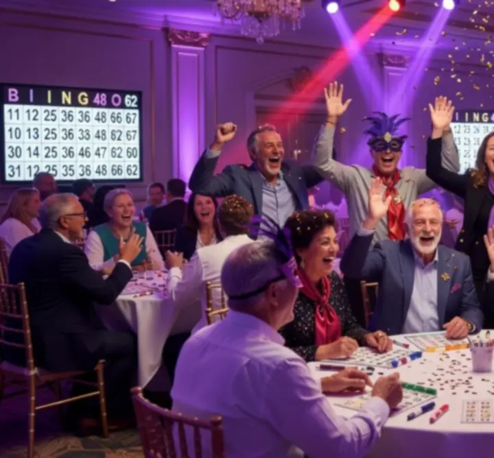 Crowd celebrating at themed evening event with purple lighting